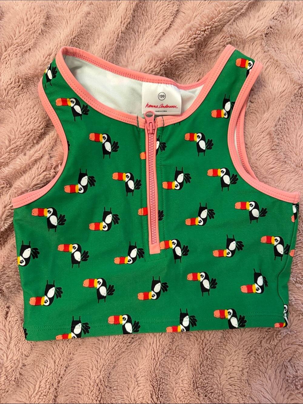 Hanna Andersson Green Toucan Zip Swim Tank with Pink Trim